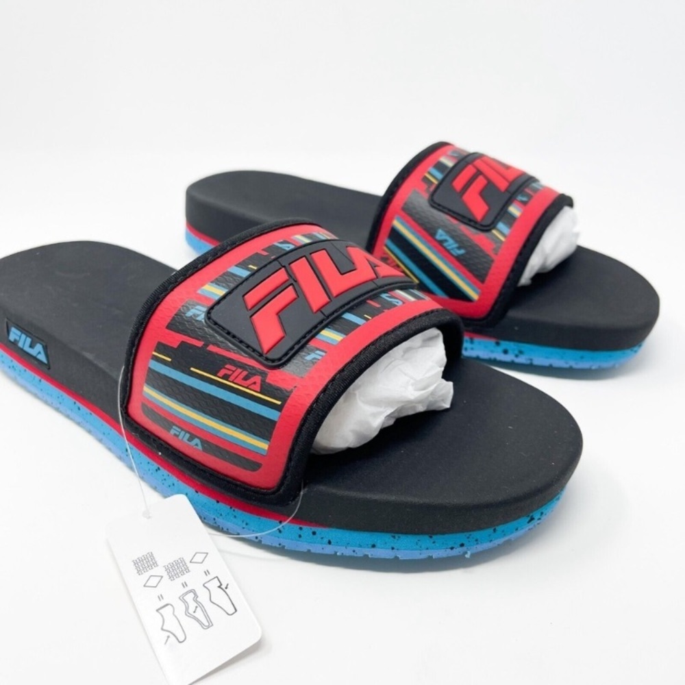 Fila Lunar Sandals Mens Black & Prince Blue Molded Logo Sliders Summer, Size 11